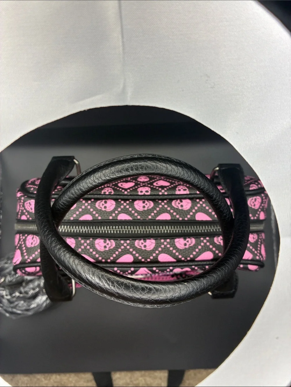 Ed Hardy Black and Pink Skull Heart Satchel with Chain Accent
